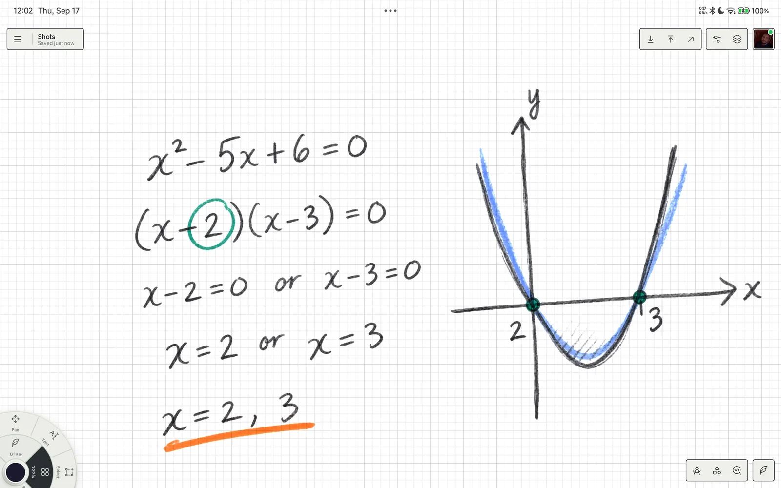 A quadratic factorised step by step beside its parabola, on the graph grid